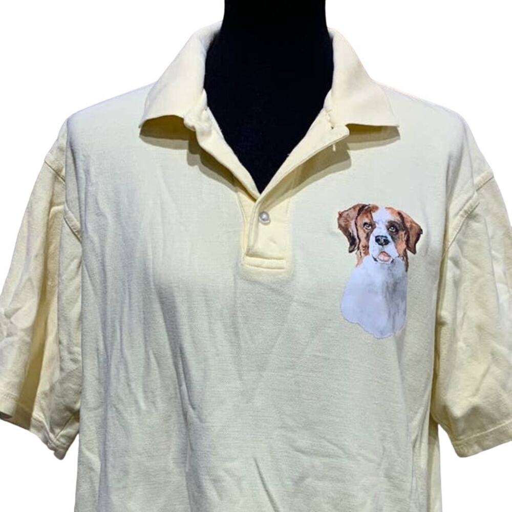Hand Printed Upcycled Large St Bernard Puppy Dog Collared Pima Cotton Polo Shirt